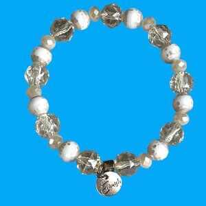 Erimish  Tan Frost Faceted Crystals Beaded Bracelet Logo Tag Stackable Stretch